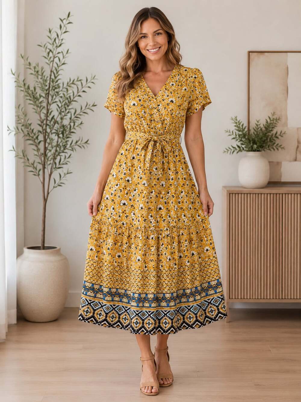 Women’s Yellow Floral Midi Dress with Waist Tie